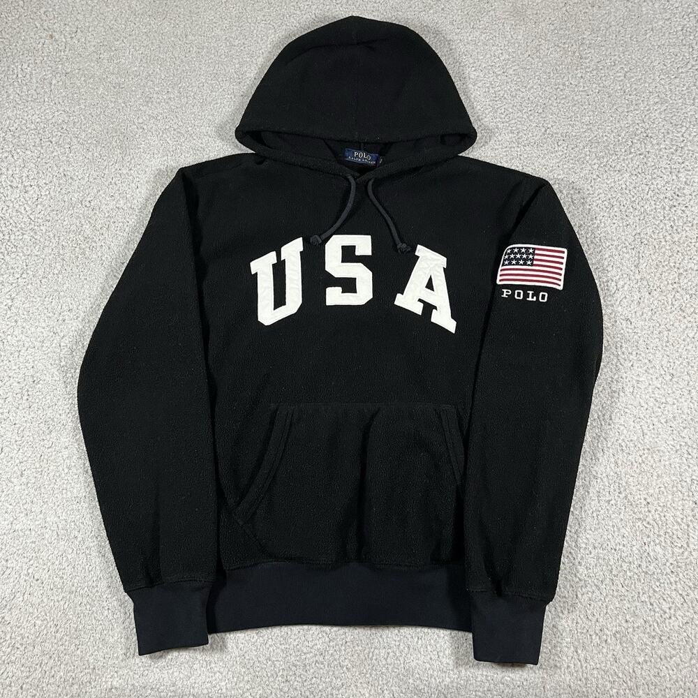 Polo Ralph Lauren Hoodie Mens S Black Fleece USA Flag Spell Out Stadium Pullover
